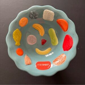 Decorative Aqua Candy Dish with Colorful Fruit Motifs - Elevated Tray style
